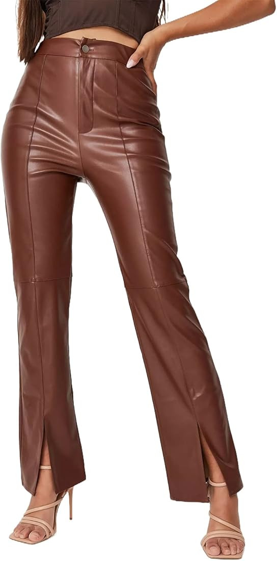 Biivrii Women Faux Leather Leggings Pants High Waist Straight Wide Leg PU Pleather Casual Solid Trou | Amazon (US)