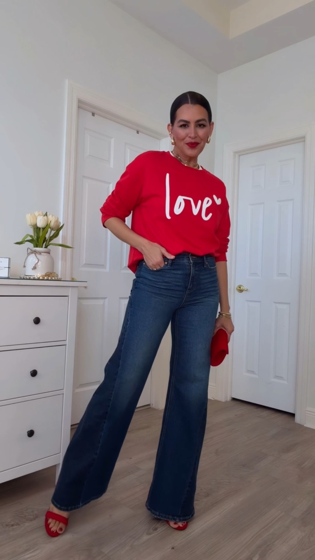 Scroll to shop👉🏼$25 Jeans in petite, regular and long. Size 2L in jeans. Size M in sweatshirt. Size 6 in blazer S Cropped jacket and in dress. 
Lipstick is Ruby woo with brick lipliner. 

#LTKValentine #LTKgrwm #LTKSaleAlert