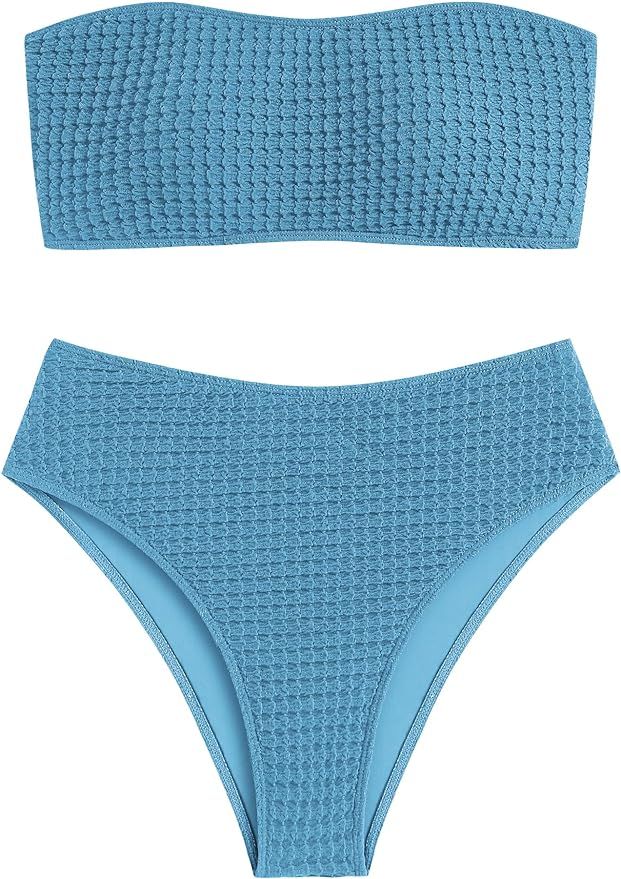 ZAFUL Women's Strapless Solid Color 2 Pieces Swimsuit Bandeau Bikini Bathing Suit | Amazon (US)