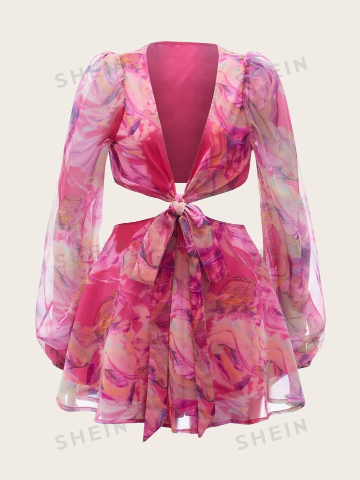 SHEIN VCAY Lantern Sleeve V Neck Knot Cutout Waist Floral Print Summer Beach Women Chiffon Romper | SHEIN