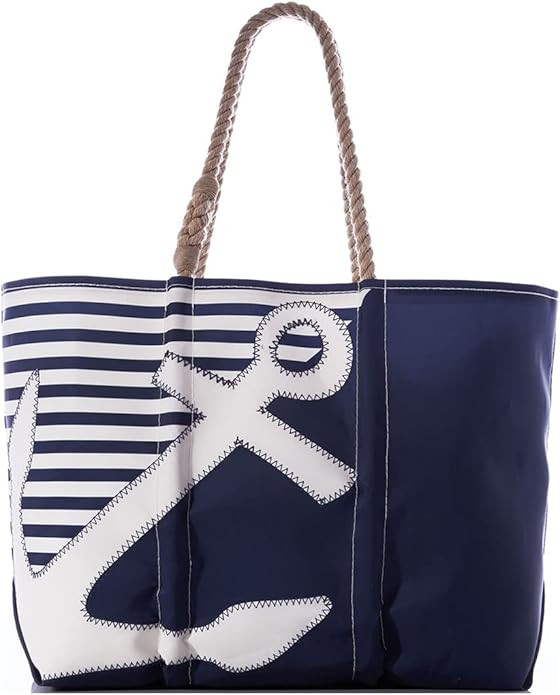 Sea Bags Recycled Sail Cloth Breton Stripe White Anchor Large Tote Bag Beach Bag Tote, Large Trav... | Amazon (US)