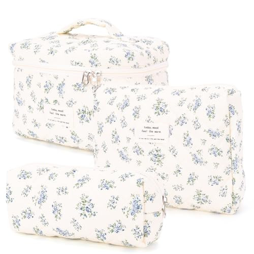 Floral Makeup Bag Set Cute Makeup Bag Small Quilted Makeup Bag Set Aesthetic Floral Travel Cosmetic Bag For Women Travel Toiletry Bag (Blue Flower C) | Amazon (US)