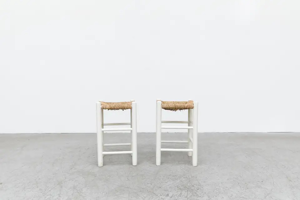Pair of Charlotte Perriand Style Low Counter Height White Stools with Rush Seats | 1stDibs