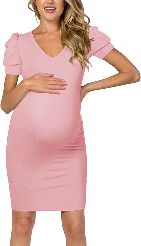 Moyabo Women's Knit Ribbed Maternity Dress V Neck Puff Sleeve Maternity Dress for Baby Shower Pho... | Amazon (US)