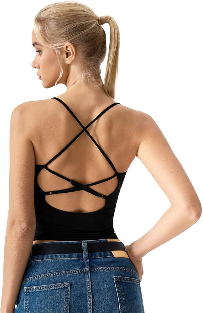 QINSEN Womens Cross Back Tank Top V Neck Double Lined Camisole Top Sleeveless Spaghetti Strap Goi... | Amazon (US)