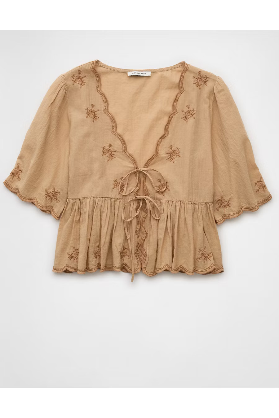 AE Embroidered Tie Front V-Neck Blouse Women's Brown XXS | American Eagle Outfitters (US & CA)