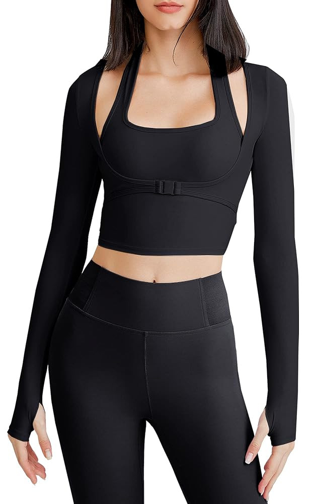 FEOYA Long Sleeve Cutout Yoga Sports Jacket Sports Tees for Women Crop Tops T Shirt Workout | Amazon (US)