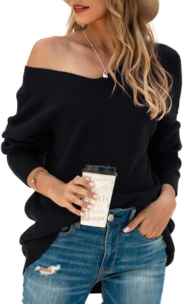Women's Batwing Sleeve Dolman Ribbed Knit Sweaters Oversized V-Neck Pullover Tops | Amazon (US)