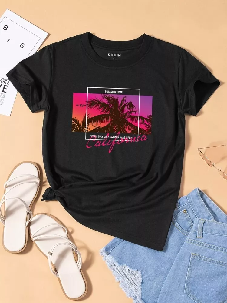 Shein Coconut Tree and Letter Graphic Drop Shoulder Tee,Xs