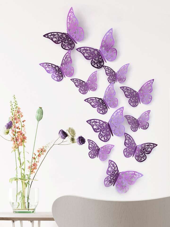12pcs 3D Hollow Butterfly Sticker, Purple Adhesive Paper Butterfly Wall Art For Home Decor | SHEIN