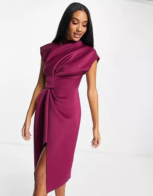 ASOS DESIGN high neck tuck midi pencil dress in raspberry | ASOS (Global)
