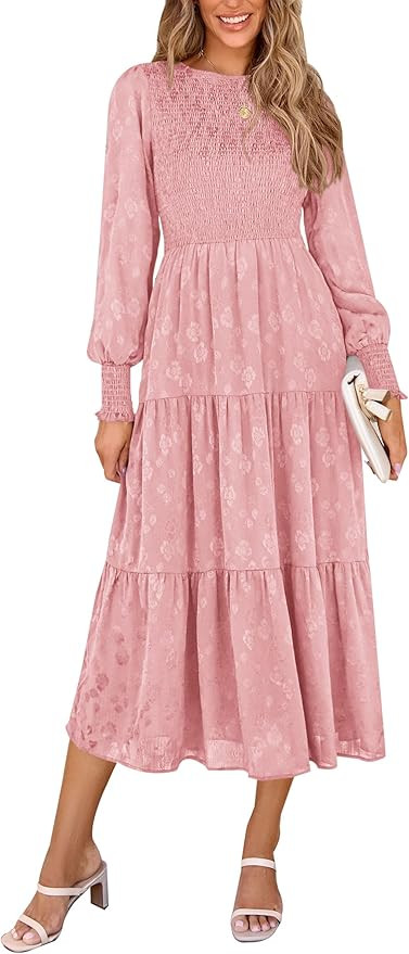 PRETTYGARDEN Women's Fall Midi Dress Long Sleeve Floral Smocked Elegant Wedding Guest Long Flowy ... | Amazon (US)