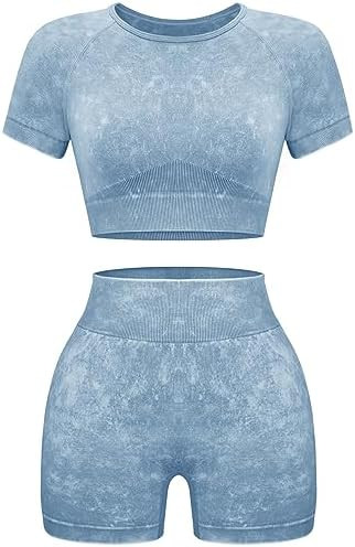 OLCHEE Womens Workout Sets 2 Piece - Seamless Acid Wash Yoga Outfits Shorts and Crop Top Matching... | Amazon (US)