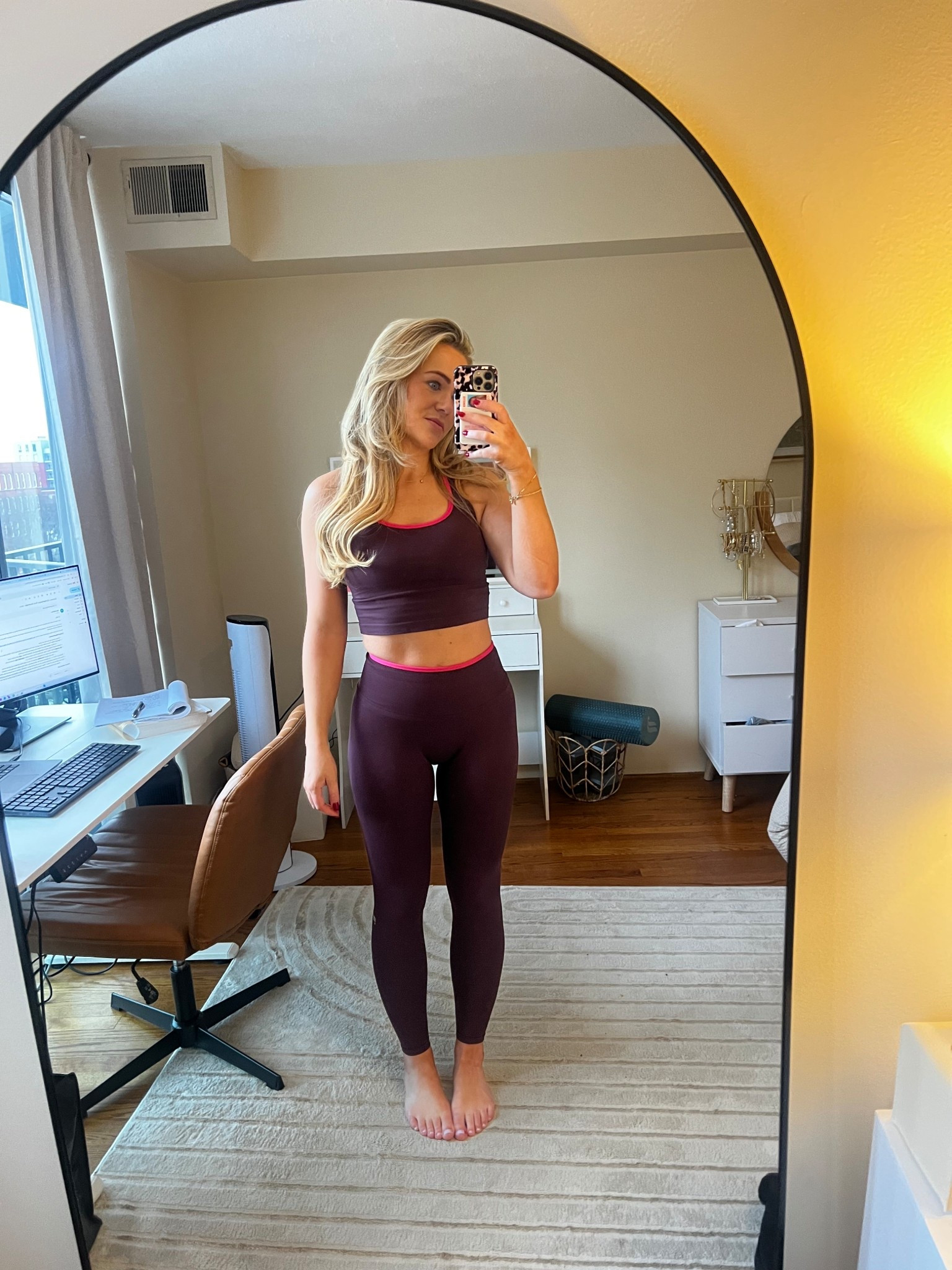 Fabletics set- scrunch legging, medium support sports bra; runs TTS!