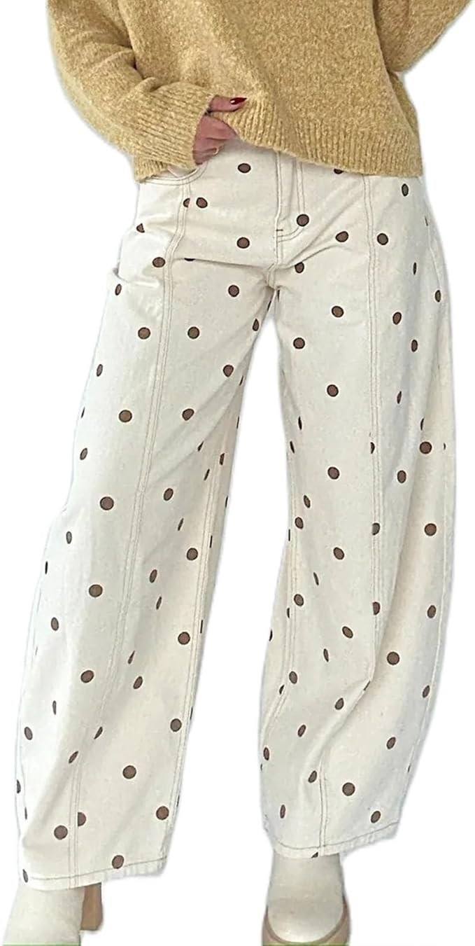 Womens Polka Dots Baggy Barrel Jeans Wide Leg High Waist Denim Pants Y2k Straight Leg Lounge Trou... | Amazon (US)