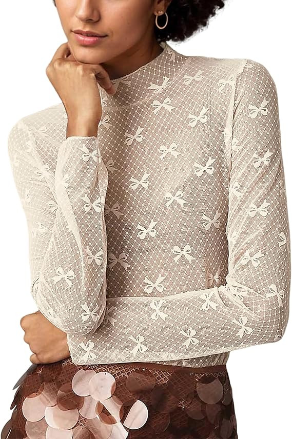 MISSACTIVER Sexy Lace Mesh Long Sleeve Sheer Top for Women See Though Mock Neck Bow Tee Shirt Blo... | Amazon (US)