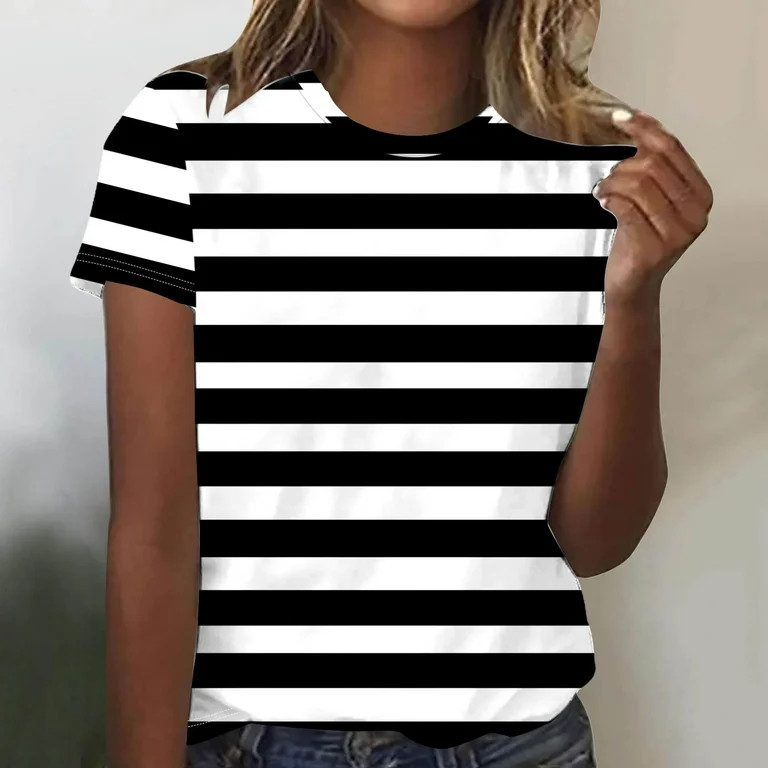 yillto Summer Striped Shirts for Womens Basic Loose Short Sleeve Round Neck Causal Tee Tshirts To... | Walmart (US)