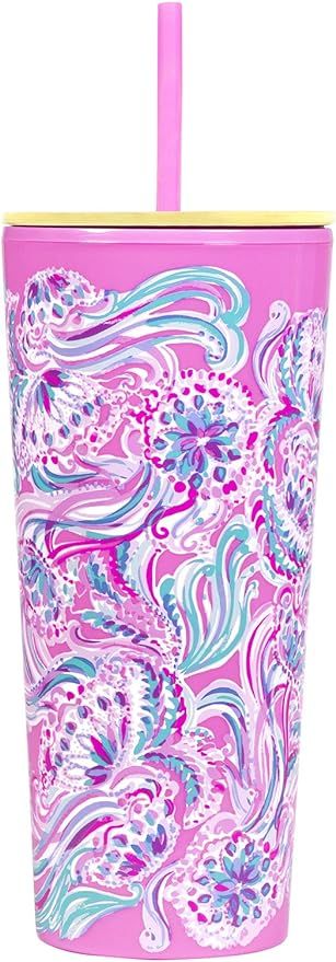 Lilly Pulitzer Pink Double Wall Insulated Tumbler with Reusable Flexible Straw, Holds 24 Ounces, ... | Amazon (US)