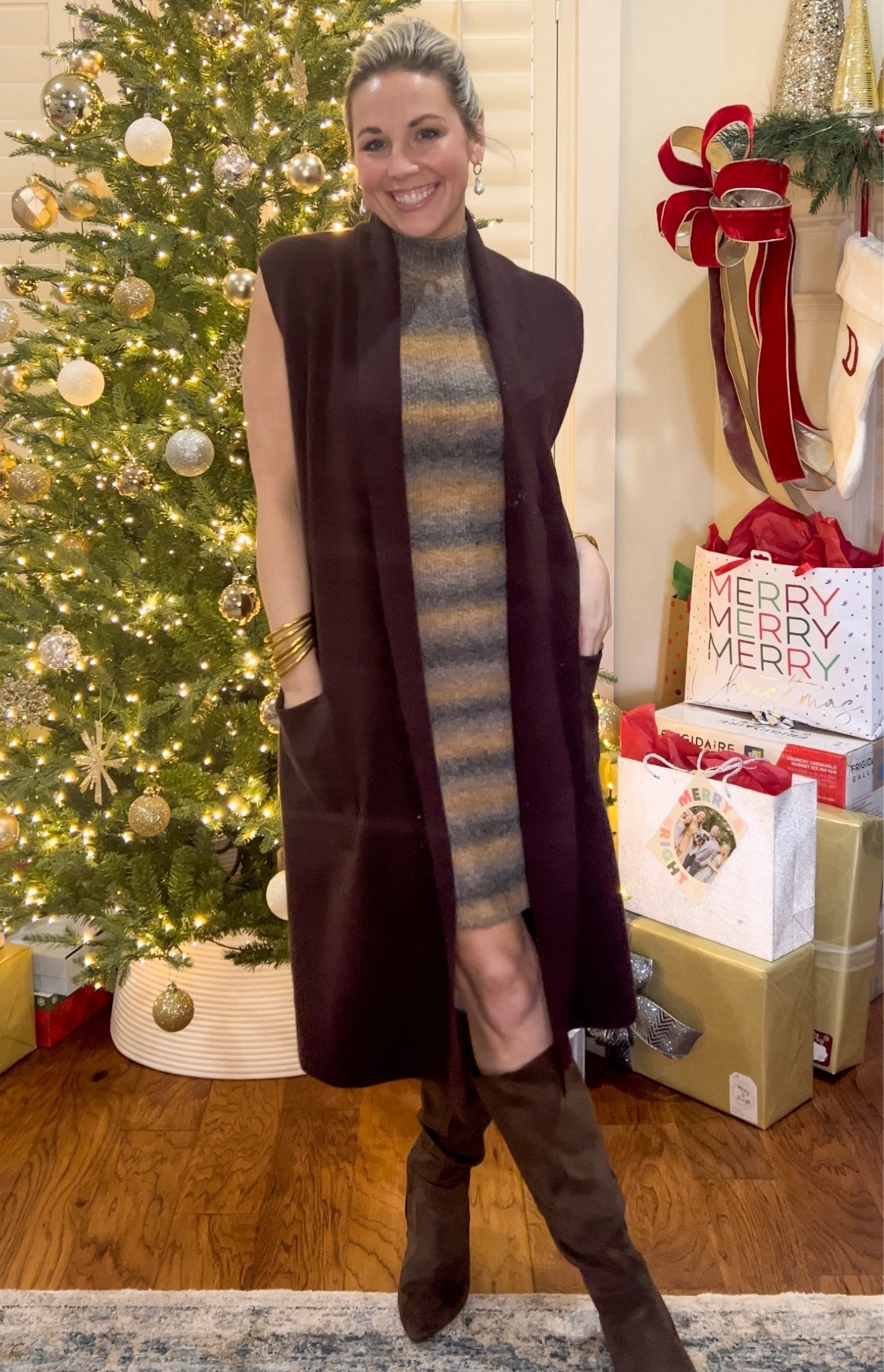 JCPenney sweater dress! Cozy and affordable. Look for less!
Dress- in a small, linked below
Sleeveless cardigan- similar option below. Originally from TJMaxx
Boots- sold out from Target but linking very similar from Walmart!  

#LTKstyletip #LTKfindsunder100 #LTKfindsunder50