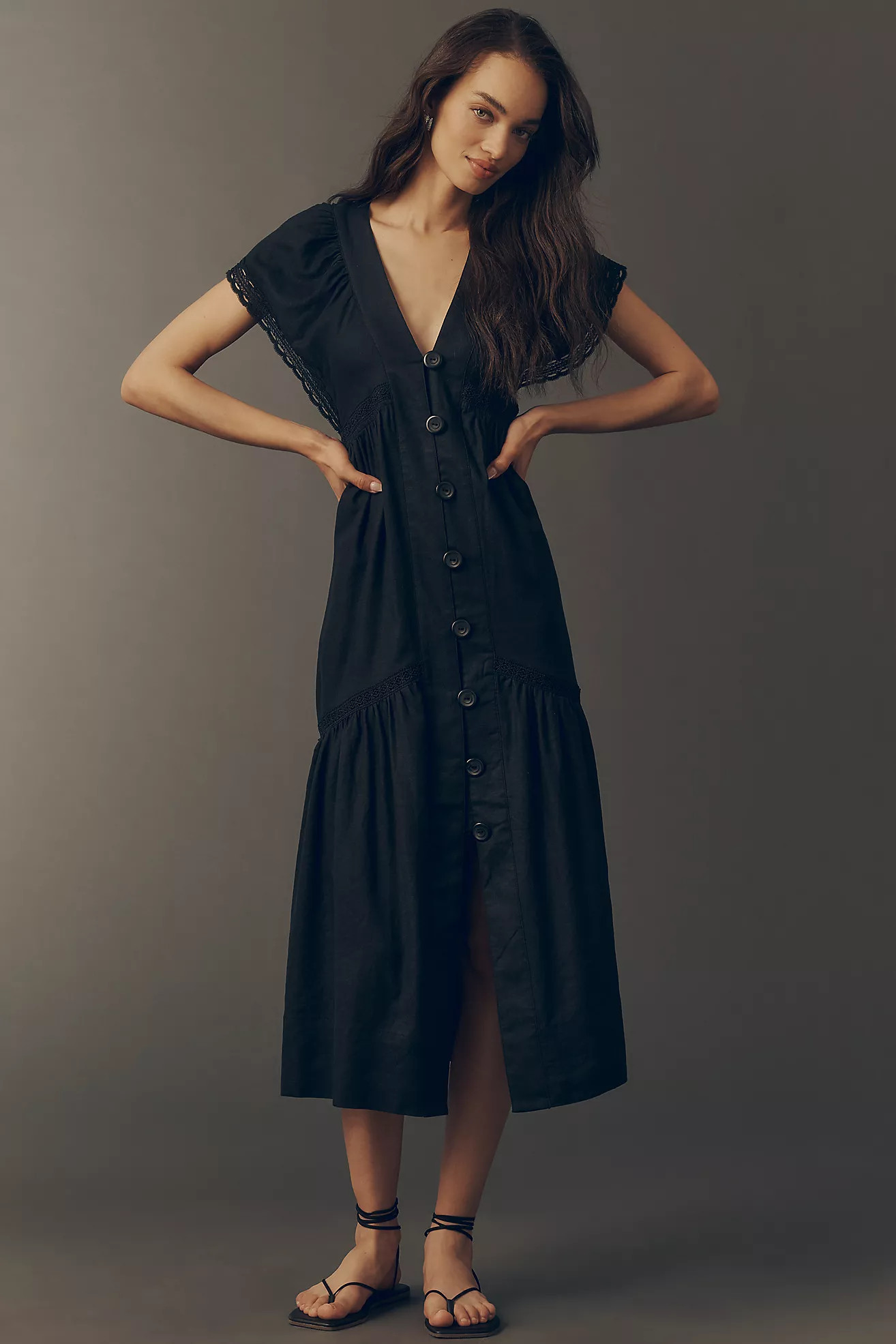 Rene\u00e9 Flutter-Sleeve Linen Button-Front Midi Dress | Anthropologie (US)