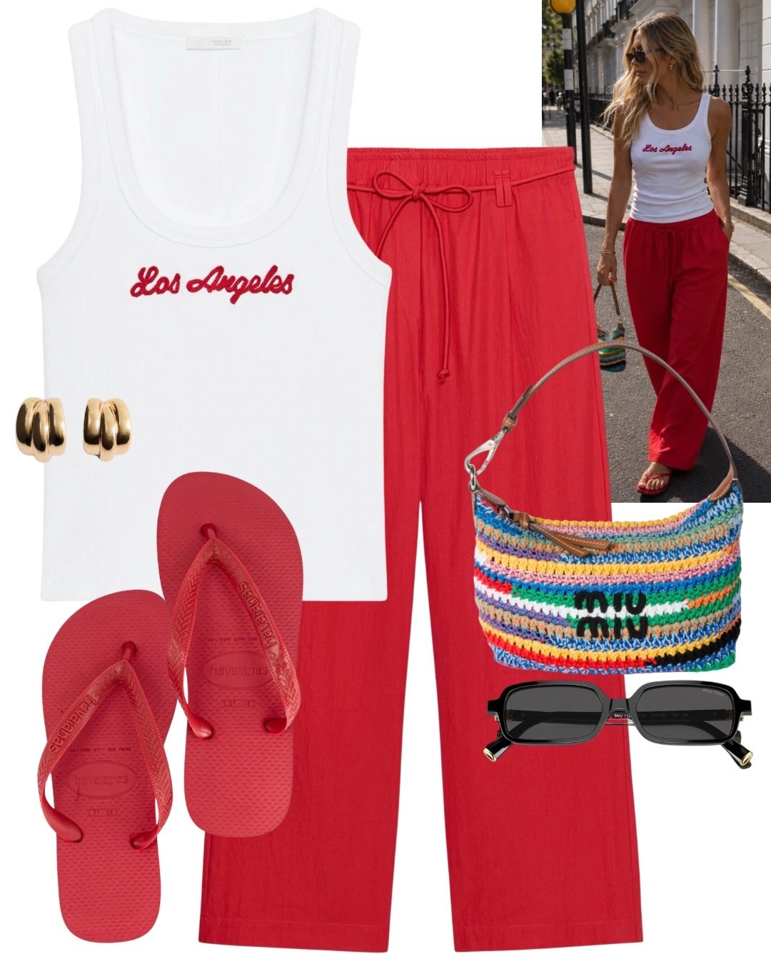 Red summer outfit ❤️
Red poplin tie waist trousers, white tank top with red logo, red Havaianas flip flops, Miu Miu crochet pouch bag, Miu Miu sunglasses and gold earrings.
Summer outfit, pop of red, Zara look, euro summer, trendy, casual, elevated casual. @Zara

#LTKsummer #LTKuk #LTKeurope
