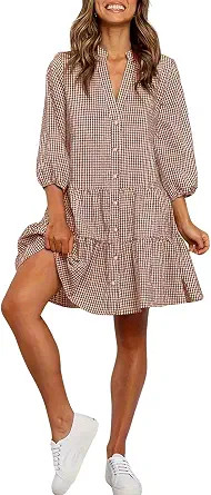 utcoco Women's 2026 Spring Summer Plaid Shirt Dress 3/4 Puff Sleeve Button Down Loose Casual Midi... | Amazon (US)
