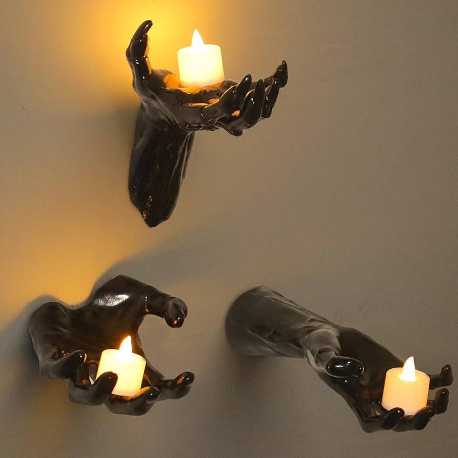 Halloween Decorations, 3 Pack Wall Mounted Creepy Reaching Hands with LED Candles, Life-Sized Hor... | Amazon (US)