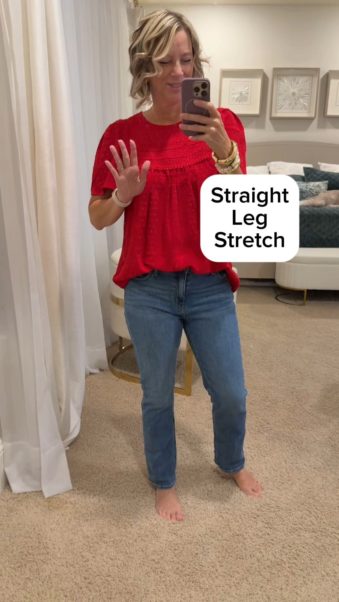 ✈️ Travel Outfit for Vacation 💙 Straight leg jeans that have stretch! As a woman over 50 I sized up to a 31 instead of a 30 since they said slim. Blouse is perfection and tts. 👨‍✈️ I’m a Houston pilot wife sharing tips to help you “travel the globe without a worry in the world” on YTube and IG.  Dressy red blouse short sleeve, fall style, #over40fashion #midlife #styleover50 

#LTKOver40 #LTKTravel #LTKStyleTip