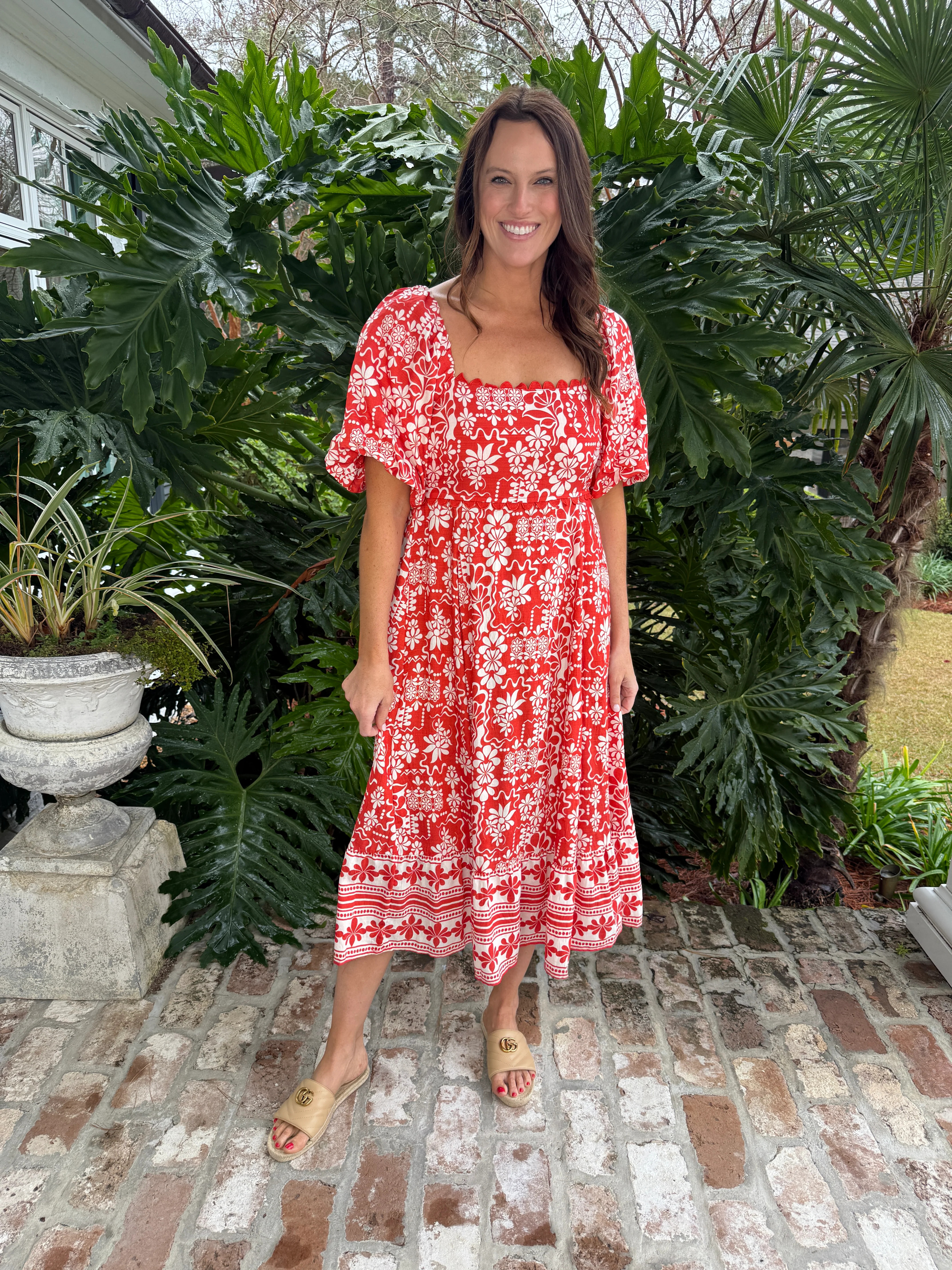 Rosie Red Floral Print Midi Dress | Caroline Hill
