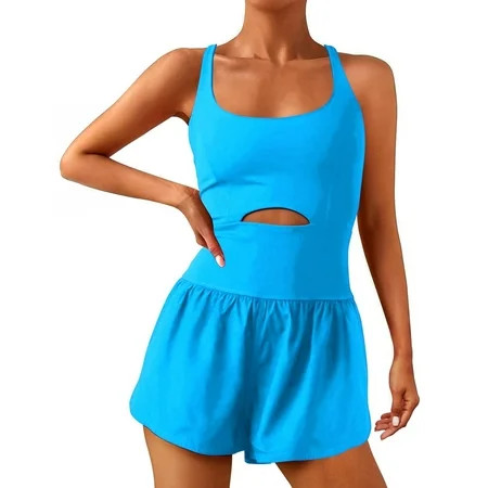 Womens Workout Jumpsuits with Padded Bras One Piece Square Neck Sleeveless Workout Bodysuit Romper Short Pants with Pocket Gym Yoga Outfit Clothes | Walmart (US)