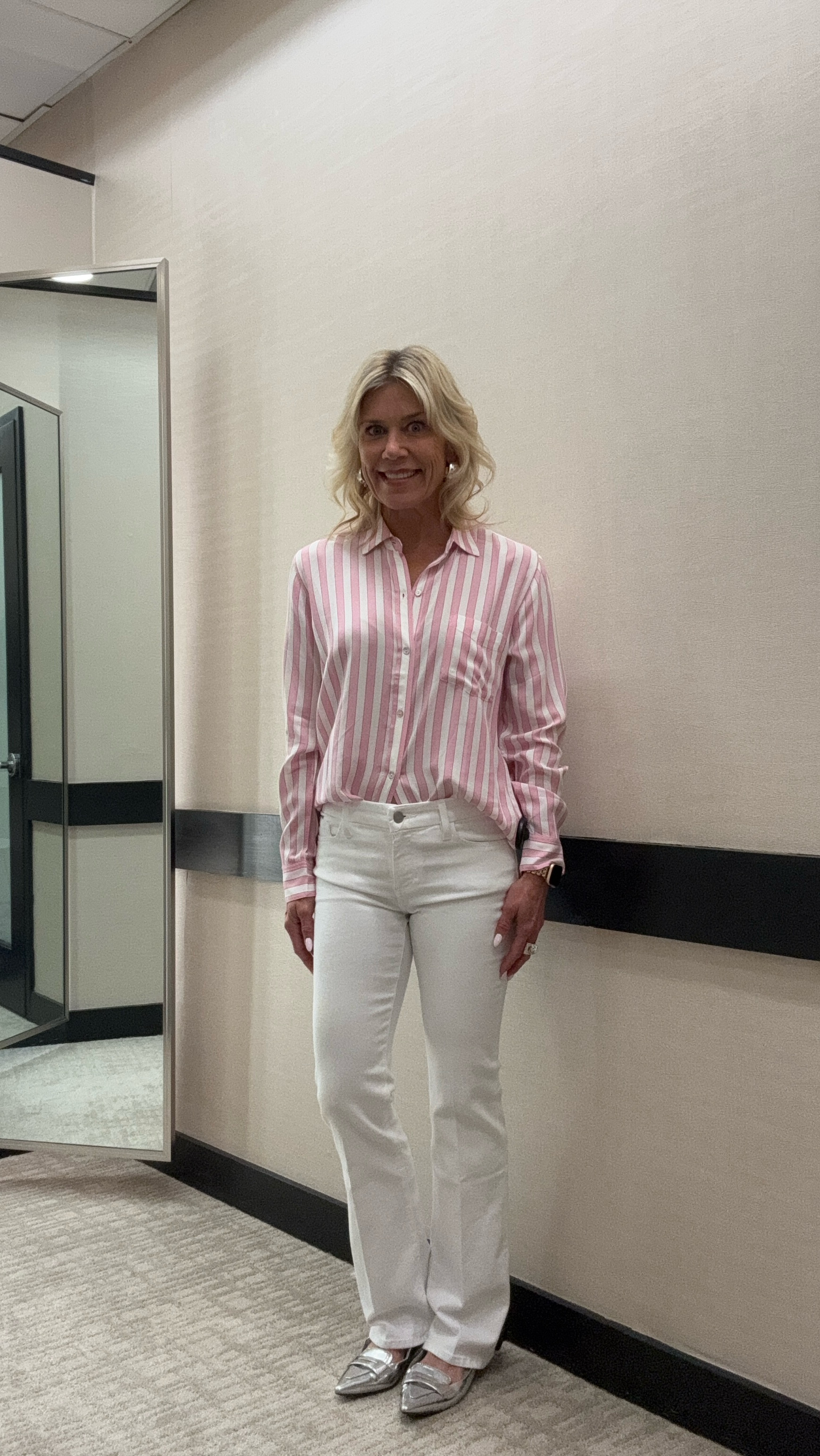 Spring stripes in a modern way. The soft  pop of pink in this soft, easy to wear blouse is easy to wear for work or for a casual, chic look with white jeans. These white jeans have a small bootcut so perfect up elongate your legs.

#LTKStyleTip #LTKPetite #LTKWatchNow