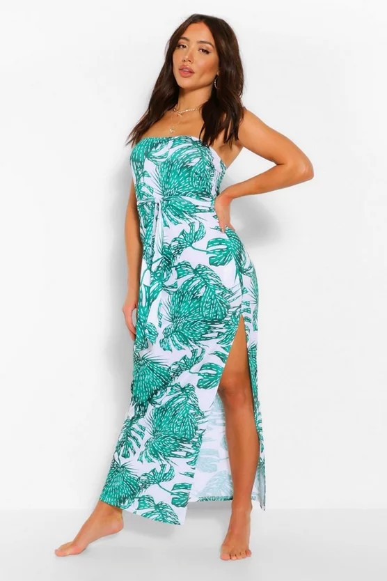 Palm Print Bandeau Beach Dress | Boohoo.com (US & CA)
