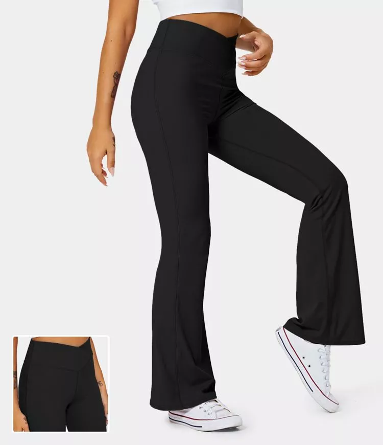 Women's Crossover Pocket Split Hem Full Length Flare Leggings-Smile -  HALARA