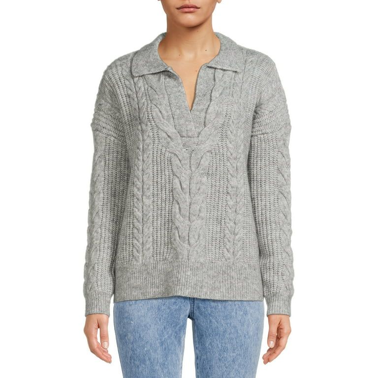 Time and Tru Women's Cable Stitch Polo Sweater - Walmart.com | Walmart (US)