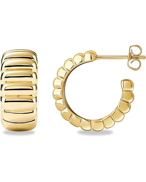 UneDouce 14K Gold Plated Chunky Lightweight Hoop Huggie Earrings for Women | Chic Boho Ribbed Cro... | Amazon (US)