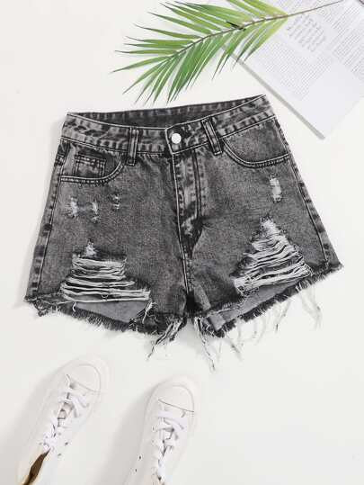 Ripped Detail Denim Shorts | SHEIN