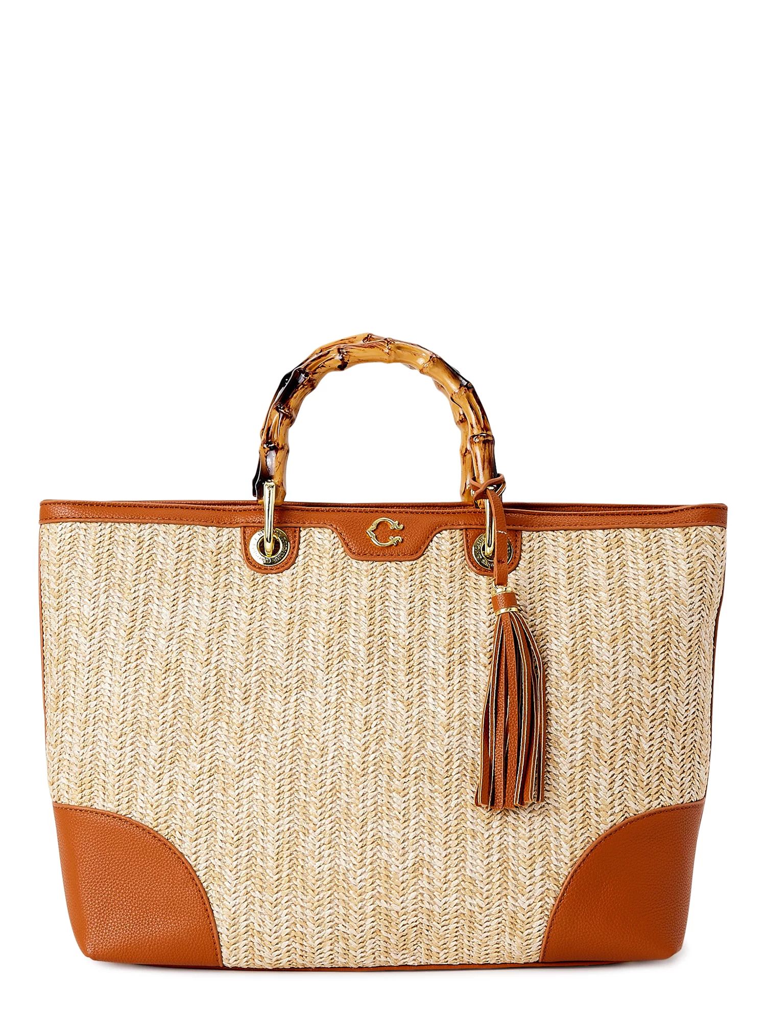 C. Wonder Women’s Adult Juno Faux Straw Tote Bag with Bamboo-Look Handles Cognac | Walmart (US)