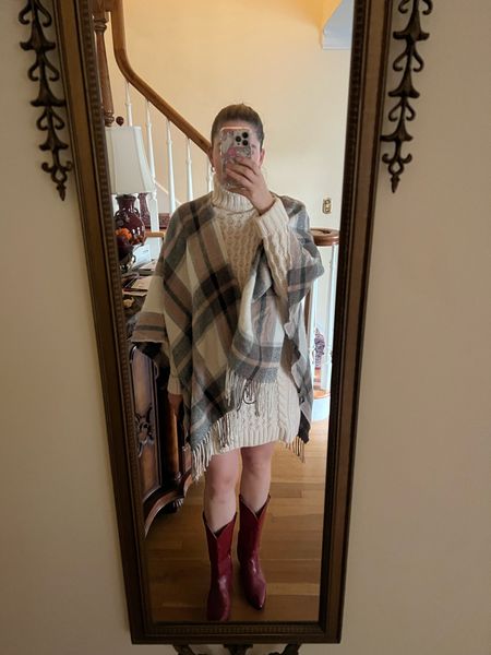 Thanksgiving outfit, cable knit sweater, cable knit sweater dress, turtleneck sweater dress, thanksgiving outfit idea, red cowgirl boots, cape, plaid cape, plaid scarf, blanket scarf 

#LTKfindsunder50 #LTKSeasonal #LTKHoliday