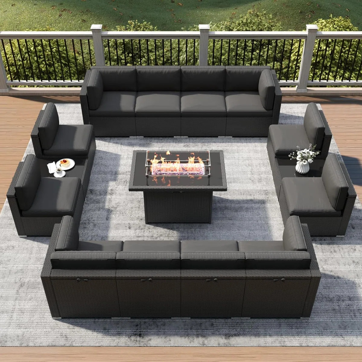 15 Piece Patio Furniture Set with Fire Pit Table, Outdoor Conversation Sets Wicker Rattan Section... | Wayfair North America