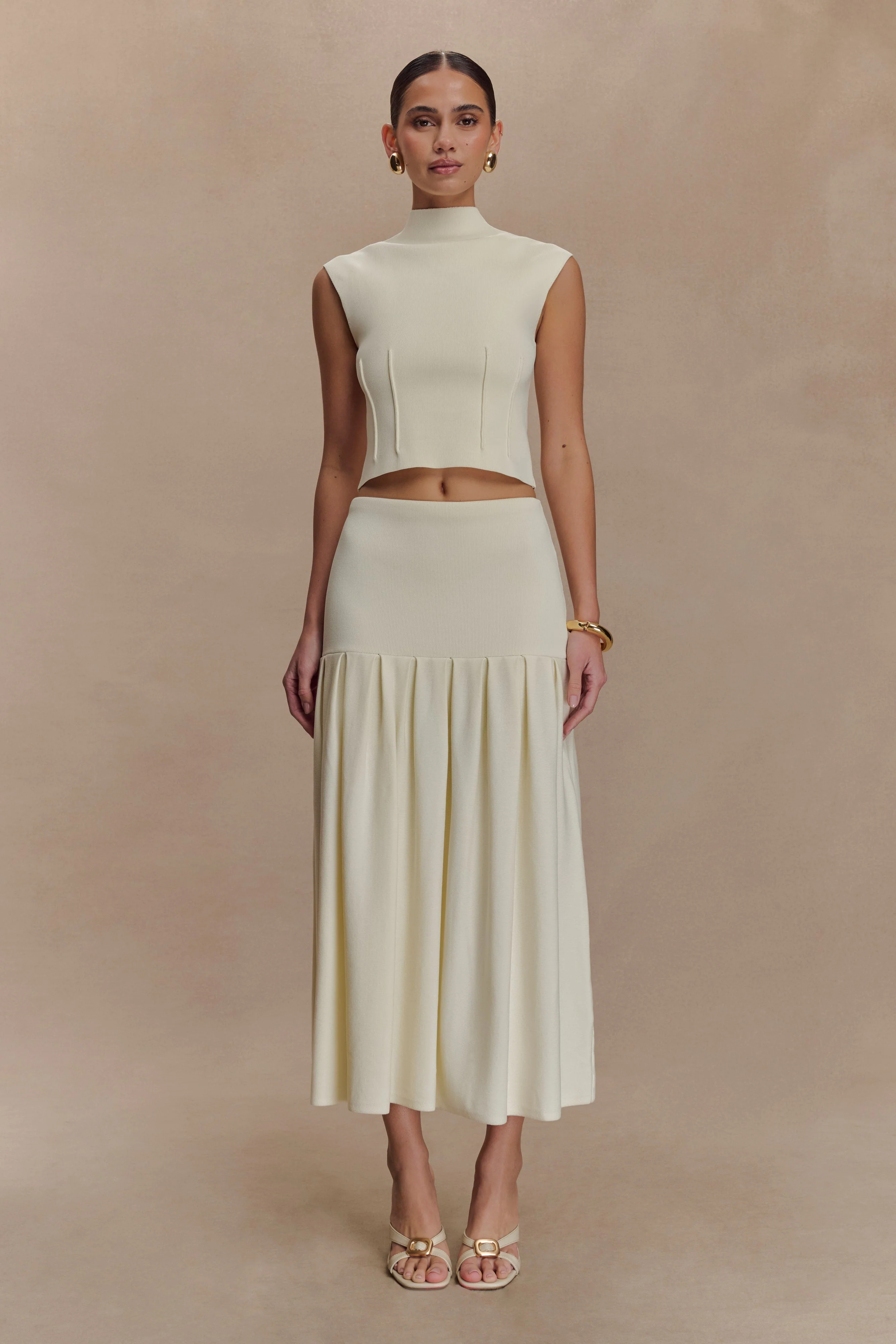 Romaine Bandage Knit Midi Skirt - Ivory | MESHKI US