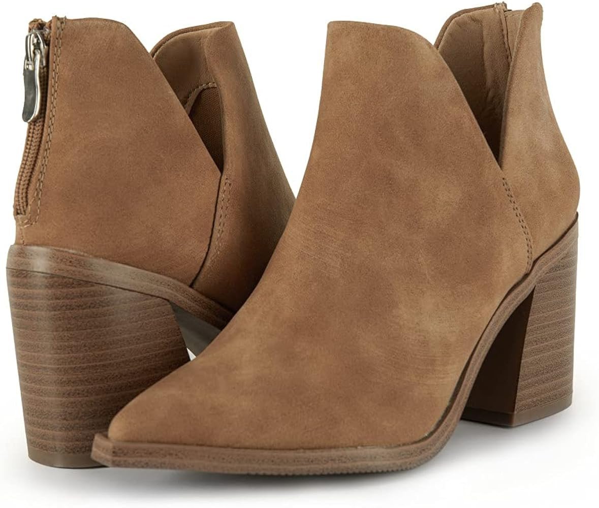 FISACE Womens Pointed Toe Stacked Mid Heel Ankle Boots V Cut Back Zipper Faux Leather Booties | Amazon (US)