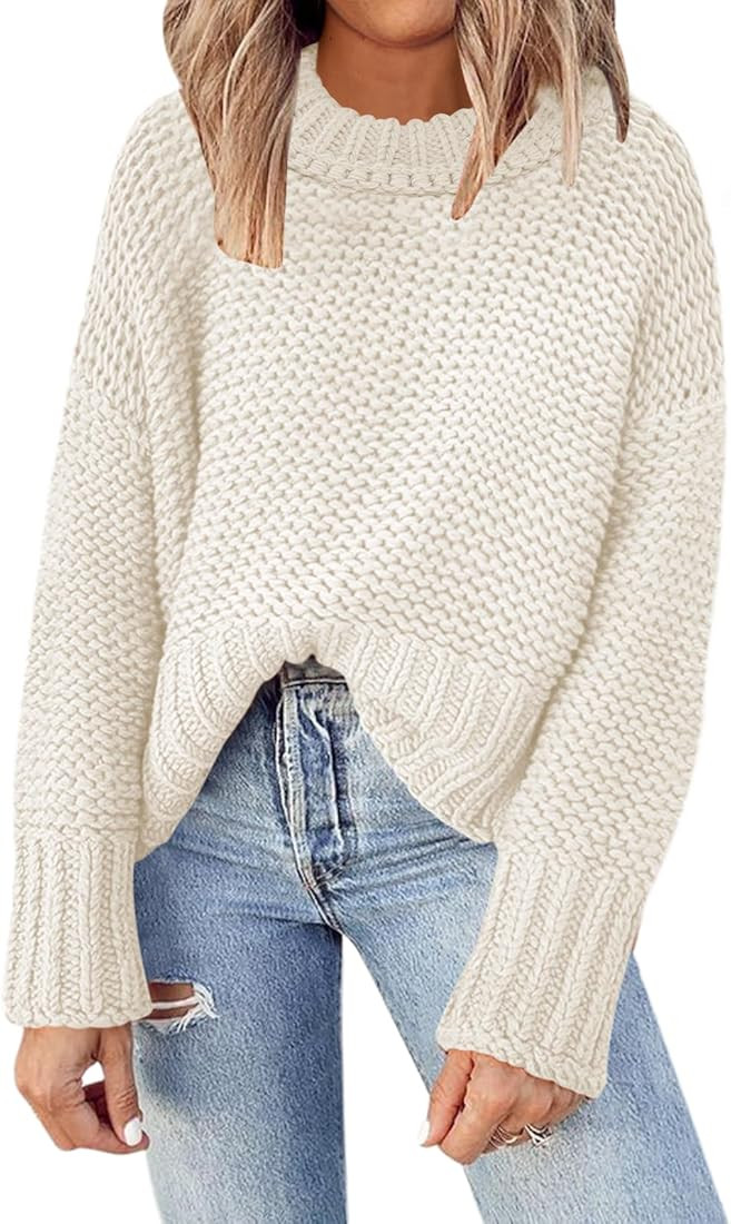 DEEP SELF Women's Crewneck Chunky Knit Sweater Batwing Long Sleeve Loose Fall Solid Pullover Swea... | Amazon (US)