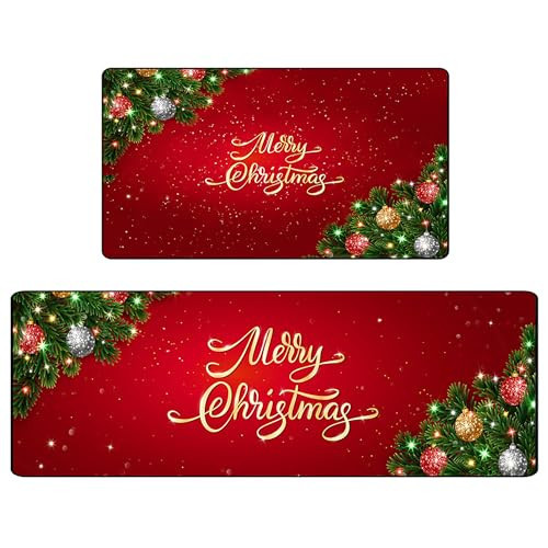 EDGZKO Merry Christmas Kitchen Rugs: 2 PCS Christmas Red Kitchen Rug Sets Washable Xmas Pine Branches Runner Rug for Floor Sink Laundry Dining Room Hallway Home Office, 20"x31.5"+ 20"x47" | Amazon (US)