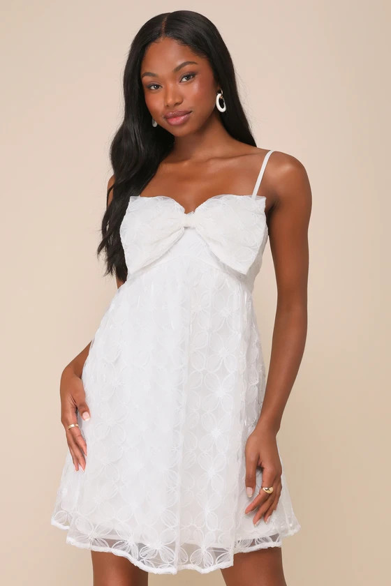 Charming Intent White Mesh Floral Applique Bow Mini Dress | Lulus