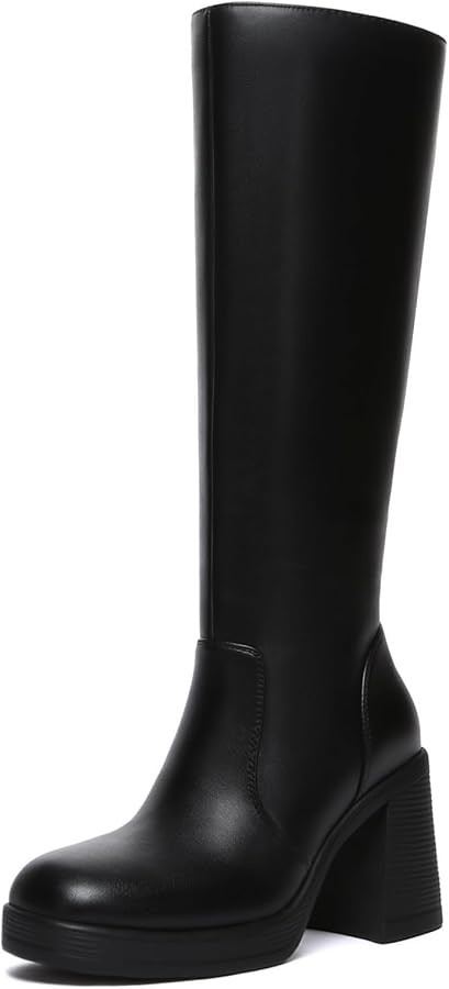 Athlefit Black Knee High Boots for Women Platform Tall Boots Fashion Square Toe Chunky Heeled Boo... | Amazon (US)