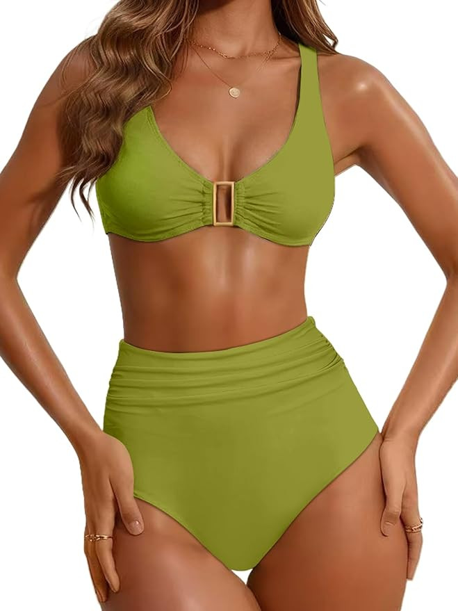 Women's High Waisted Bikini Sets Two Piece Tummy Control Swimsuits Metal Ring Linked Bathing Suit... | Amazon (US)