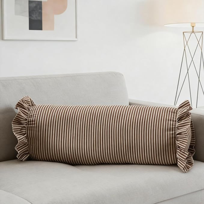 Long Striped Bolster Pillow with Ruffled Edges – Decorative Bolster Pillow for Legs Neck, Decor... | Amazon (US)