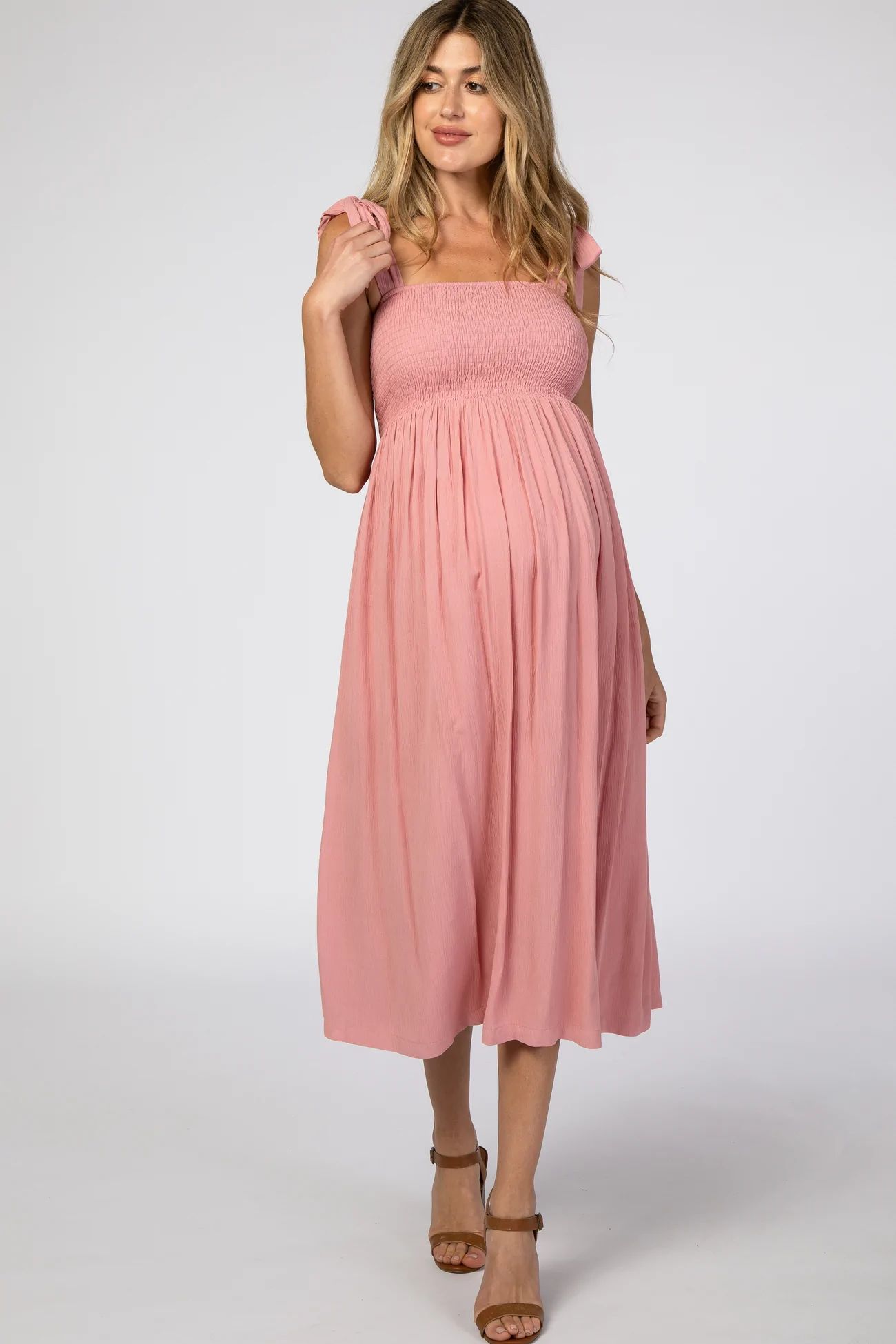 Pink Smocked Tie Strap Maternity Midi Dress | PinkBlush Maternity