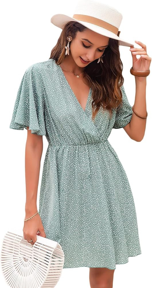 Romwe Women's Short Sleeve V Neck All Over Print High Waist A Line Summer Short Dress | Amazon (US)