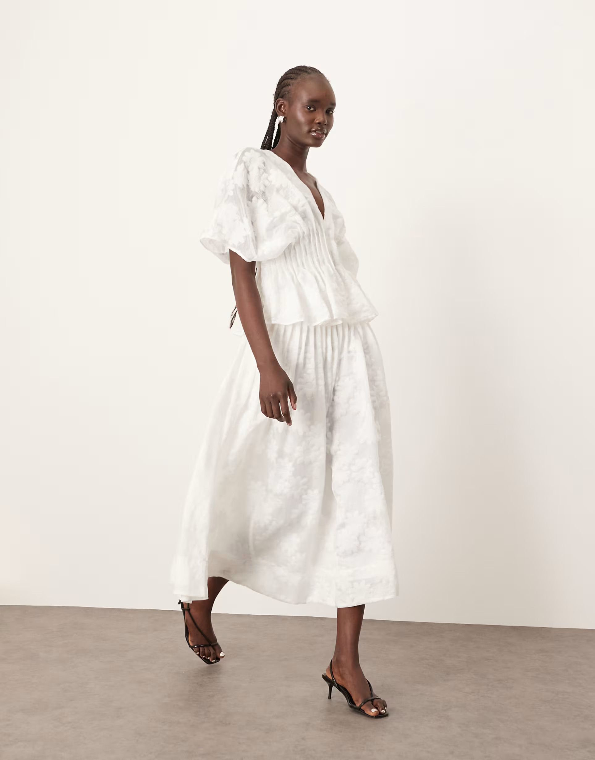 ARRANGE  daisy organza pintuck dropped waist midi skirt co-ord in white | ASOS (Global)